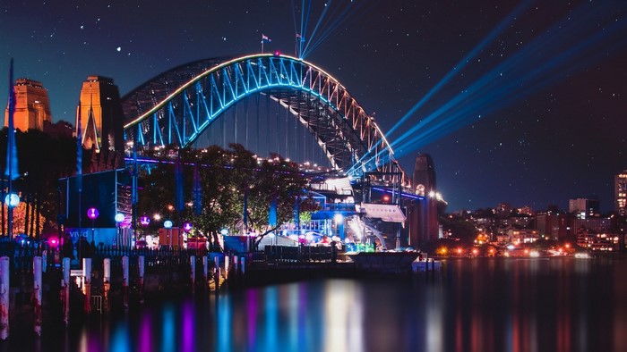 Sydney Harbour Bridge illuminated at night