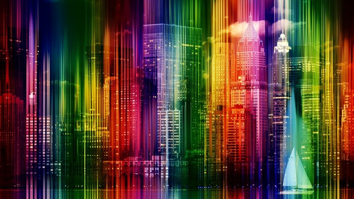 Rainbow Cityscape with Sailboat