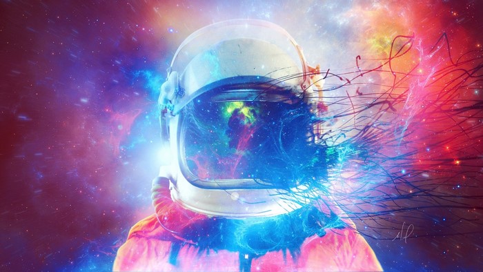 Astronaut in a multicolored spacesuit against a cosmic background