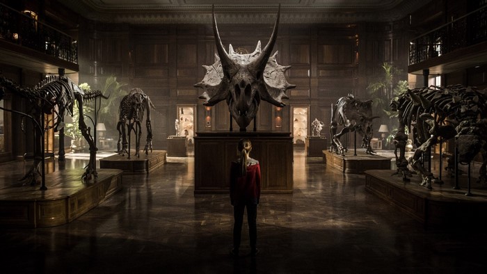 Girl in museum with dinosaur skeletons