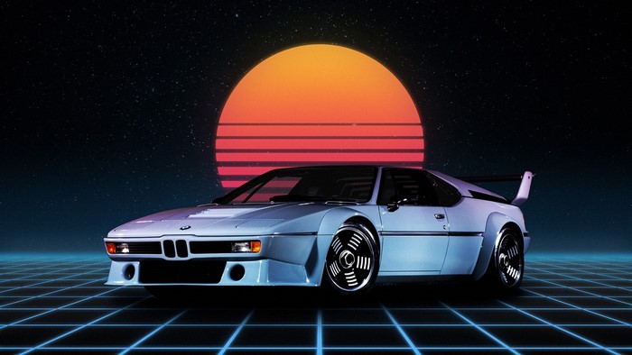 BMW M1 sports car on a retro grid background