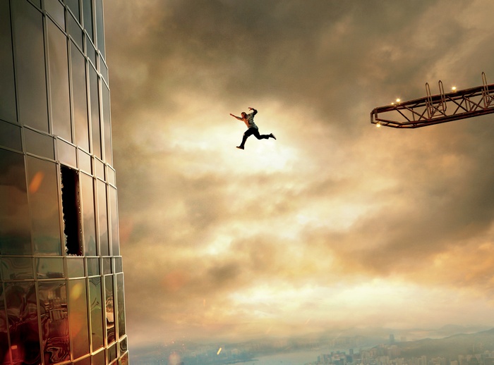 Dwayne Johnson jumping between skyscrapers