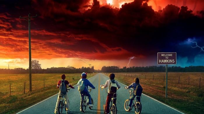 Stranger Things: Four kids on bikes at sunset
