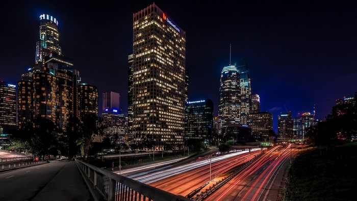 Los Angeles skyline at night with light trails