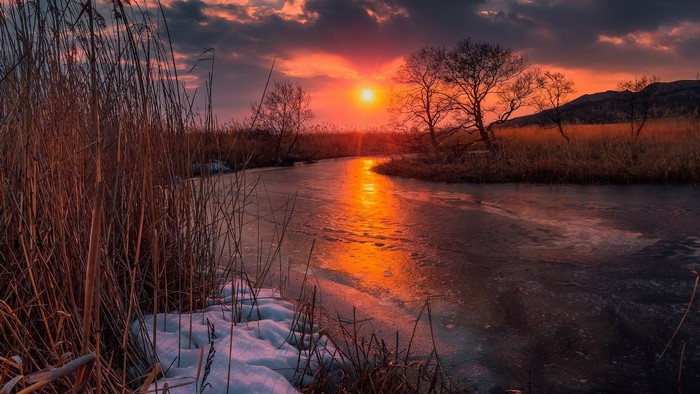 Sunset over frozen river with reeds in Primorsky Krai