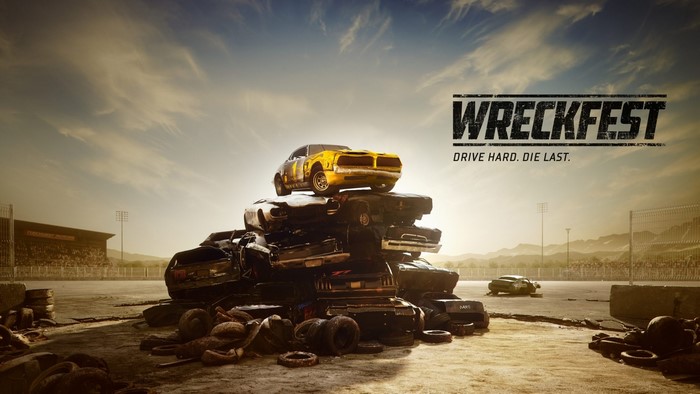 Wreckfest game poster with crashed cars