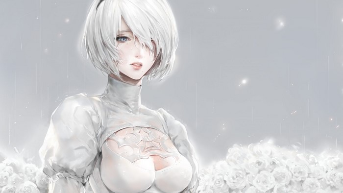 2B from Nier Automata in white dress