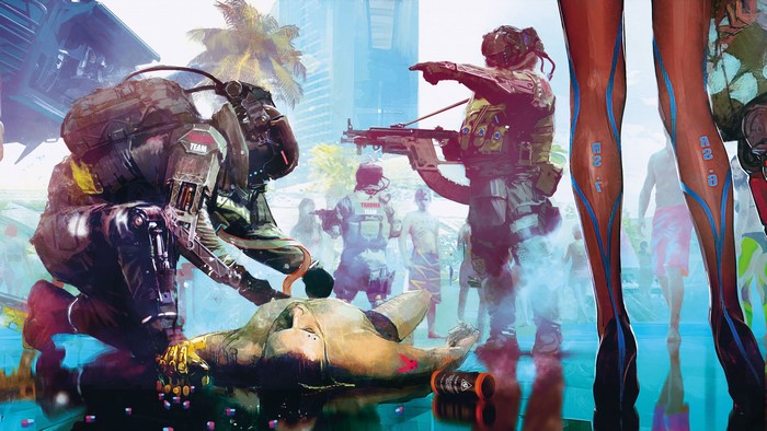 4K Cyberpunk 2077 scene with soldiers and civilians
