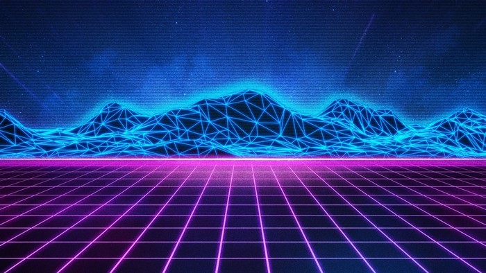 Retro Wireframe Mountains and Grid Landscape