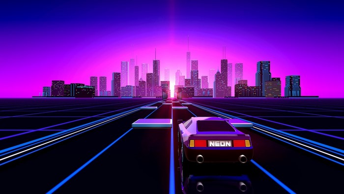 Retro car driving through neon city