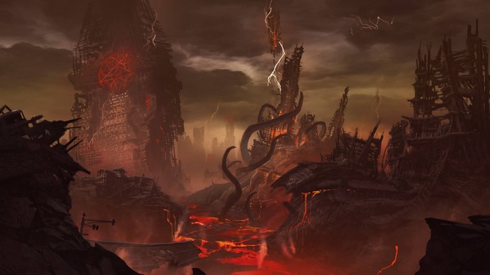 DOOM: Eternal hellscape with demonic structures and lava
