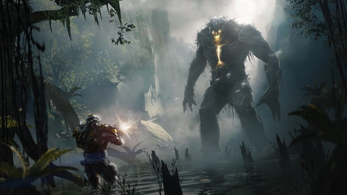 Javelin soldier fighting a giant monster in Anthem