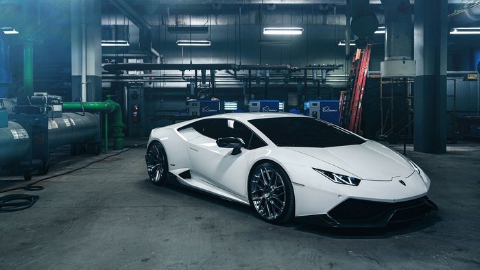 White Lamborghini Huracan LP610-4 in a garage