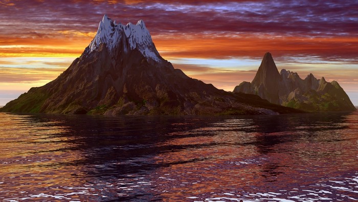 Islands with snow-capped mountains at sunset