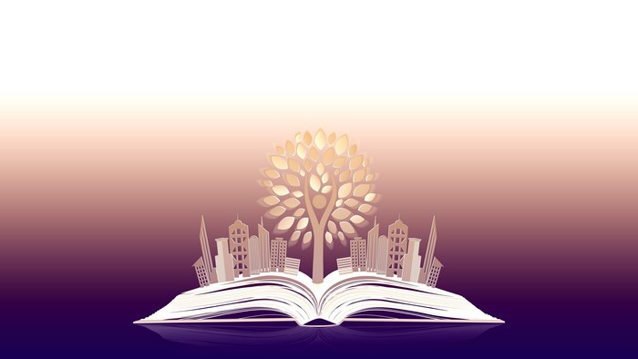 Open book with city and tree illustration