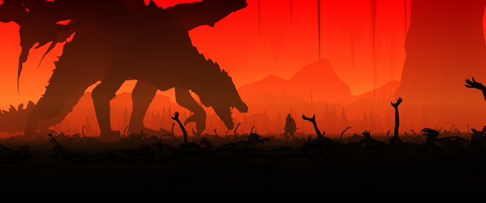 Dragon and warrior in a desolate landscape 4K