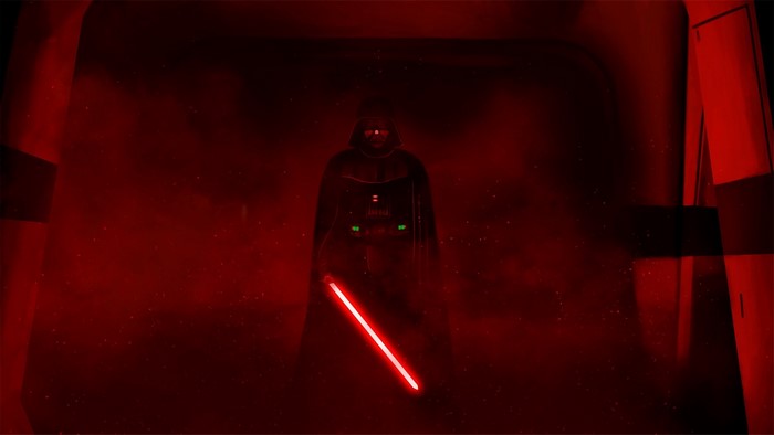 Darth Vader with red lightsaber in red mist