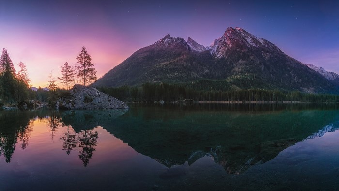 Hintersee lake and mountains at dusk