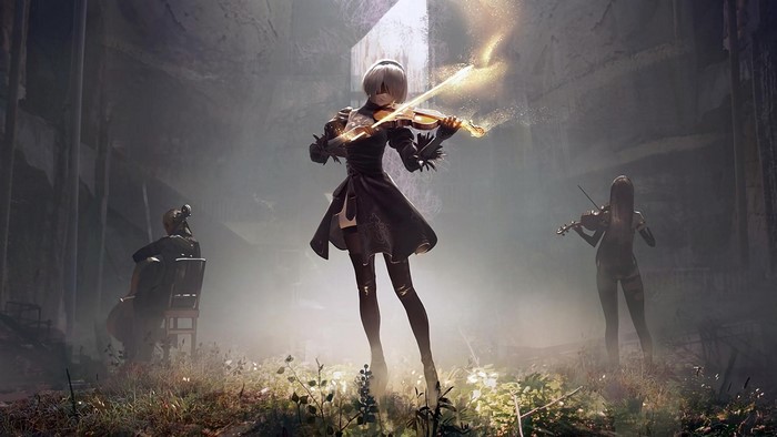 2B and YoRHa androids playing violins in Nier Automata