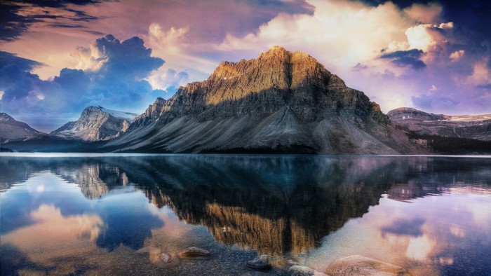 Mountain reflected in a lake at sunset