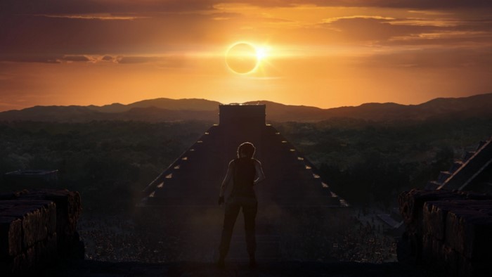 Lara Croft in Shadow of the Tomb Raider during an eclipse