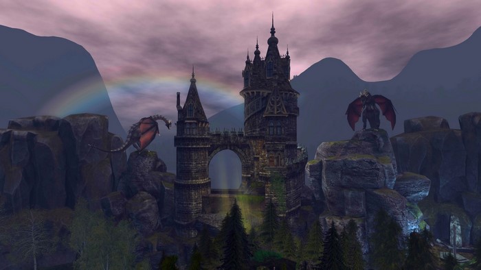 Dragons and a castle with a rainbow