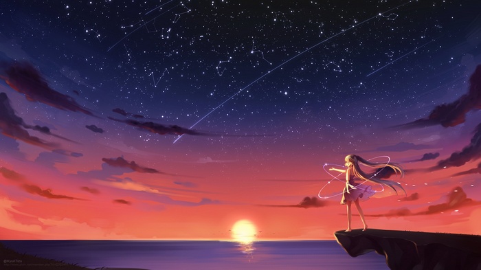 Sunset, Anime girl, 4K