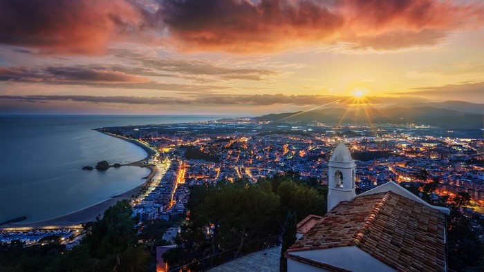 Sunset over Blanes, Spain coastline and cityscape