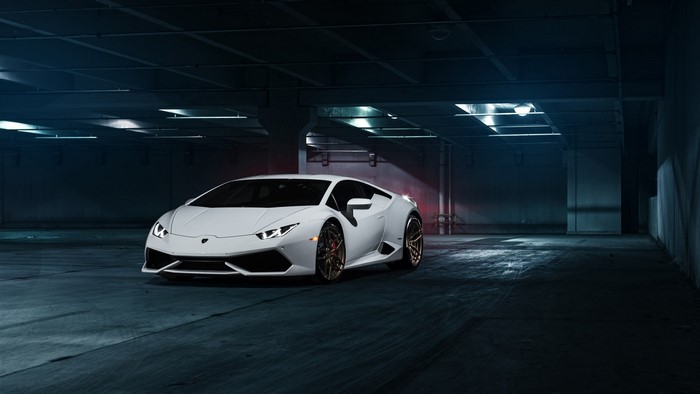 White Lamborghini Huracan LP 610-4 in parking garage