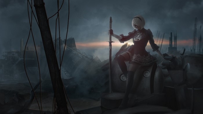 2B from Nier: Automata in a ruined city