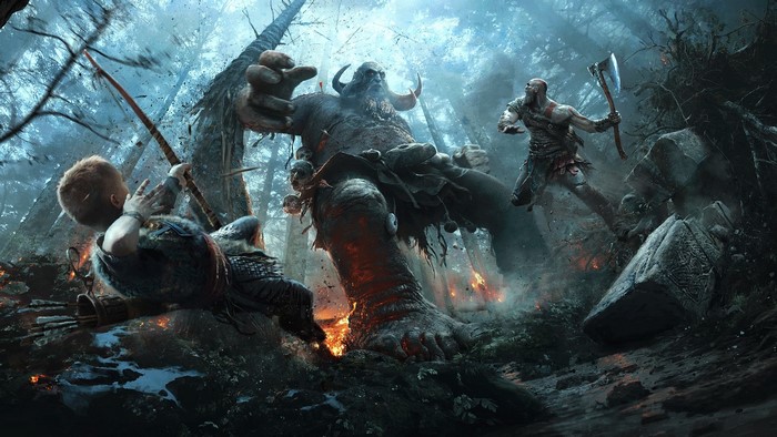 Kratos and Atreus fight a giant in God of War