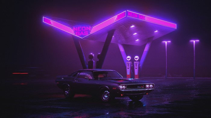 Dodge Challenger at a neon gas station