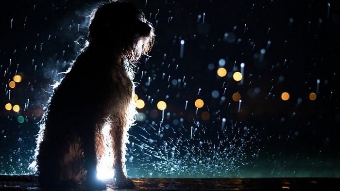 Dog sitting in the rain at night