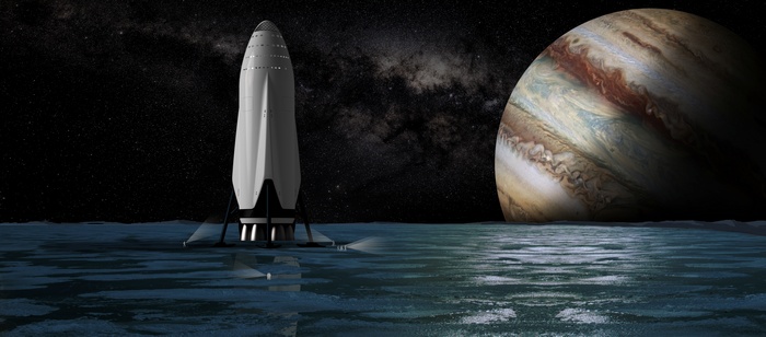 Spaceship on icy surface with Jupiter in background