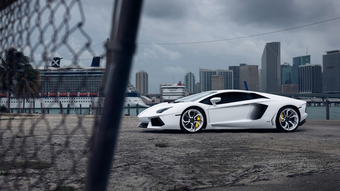 White Lamborghini Aventador LP 700-4 with Miami Skyline