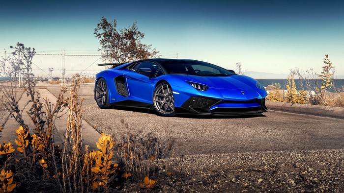 Blue Lamborghini Aventador SuperVeloce on Road