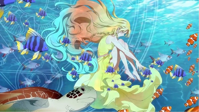 Anime girl with long hair underwater with fish and turtle