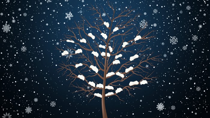 Minimalistic winter tree with snow and snowflakes