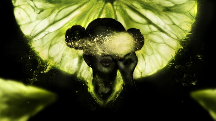 Girl with exploding head against lime slice