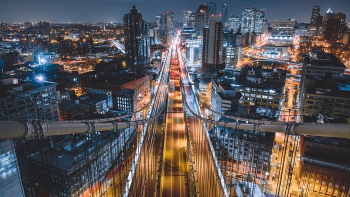 New York City Skyline and Bridge at Night