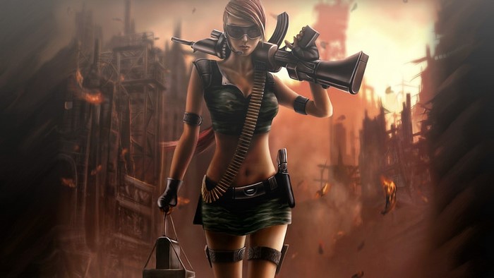 Woman with machine gun in post-apocalyptic city