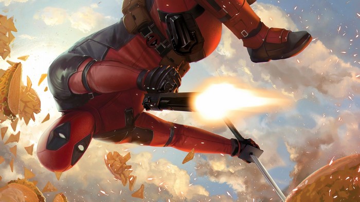 Deadpool from Marvel shooting guns and swords among tacos