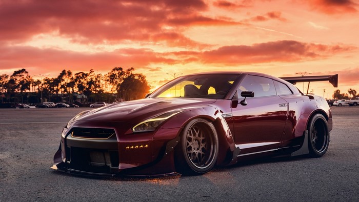 Nissan GT-R with widebody kit at sunset