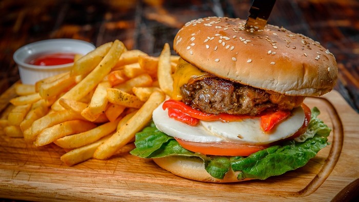 Burger and fries with ketchup
