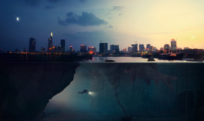 Cityscape at Dusk and Dawn with Underwater Exploration