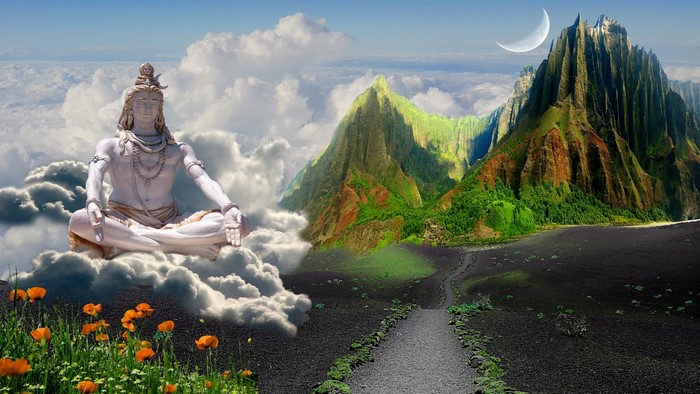 Lord Shiva meditating on clouds above mountains