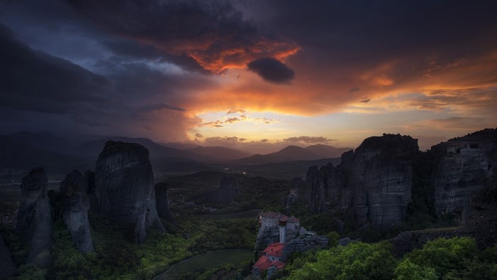 Meteora monasteries at sunset, Greece