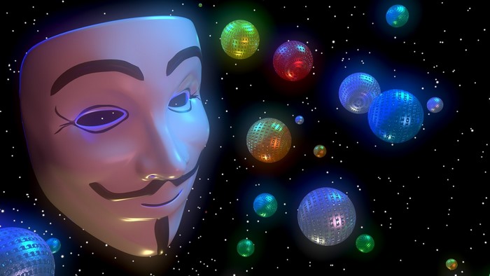 Guy Fawkes mask in space with glowing orbs