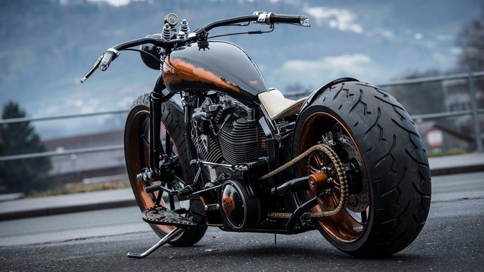 Custom black and copper bobber motorcycle