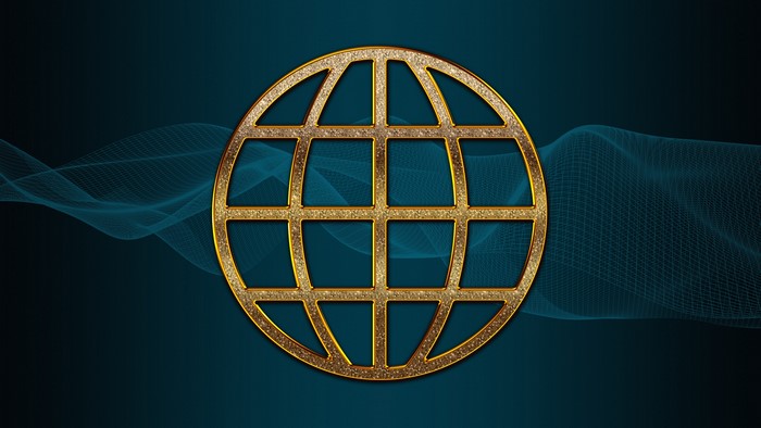 Golden globe icon on a dark blue background with blue waves